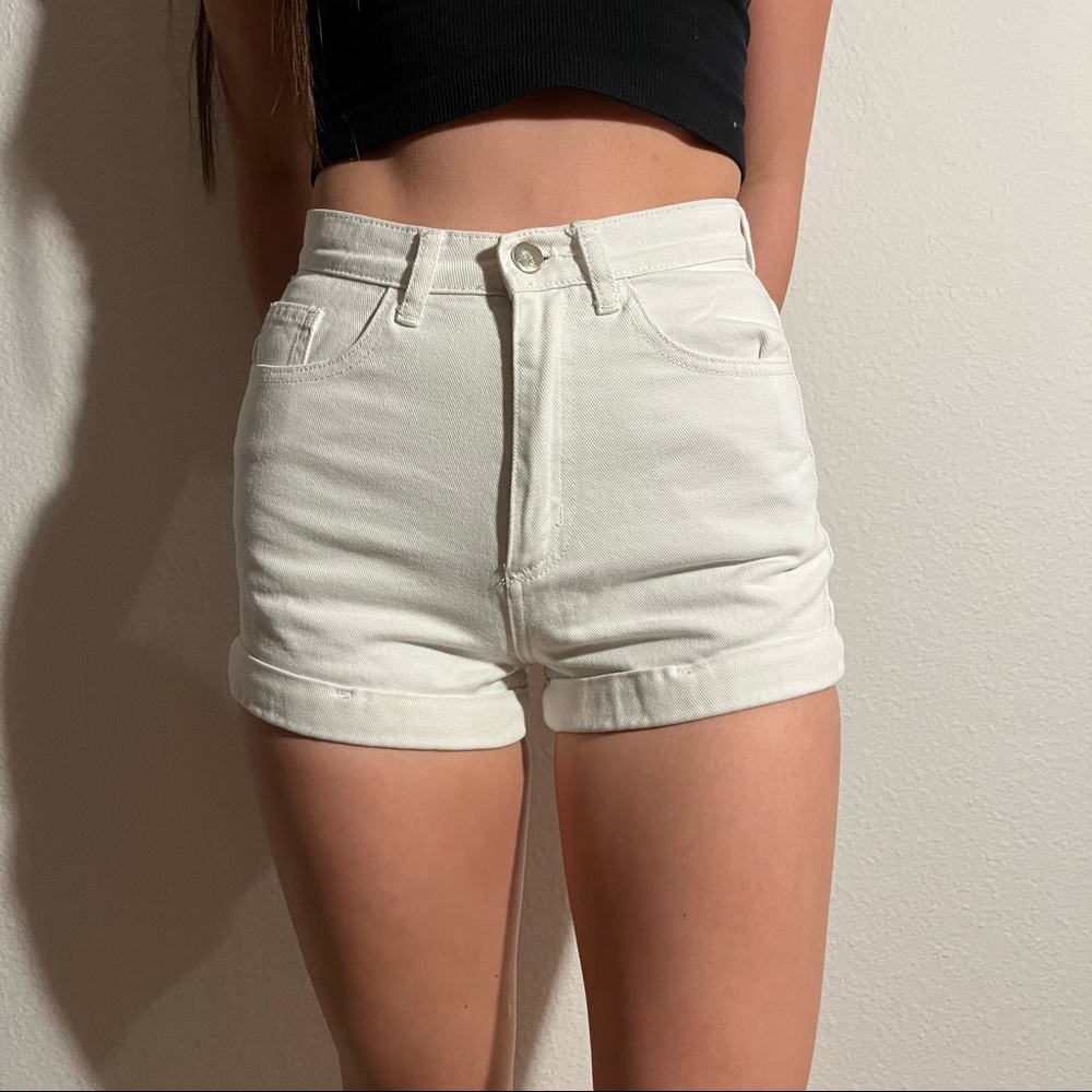 White Cuffed High Waisted Jean Shorts